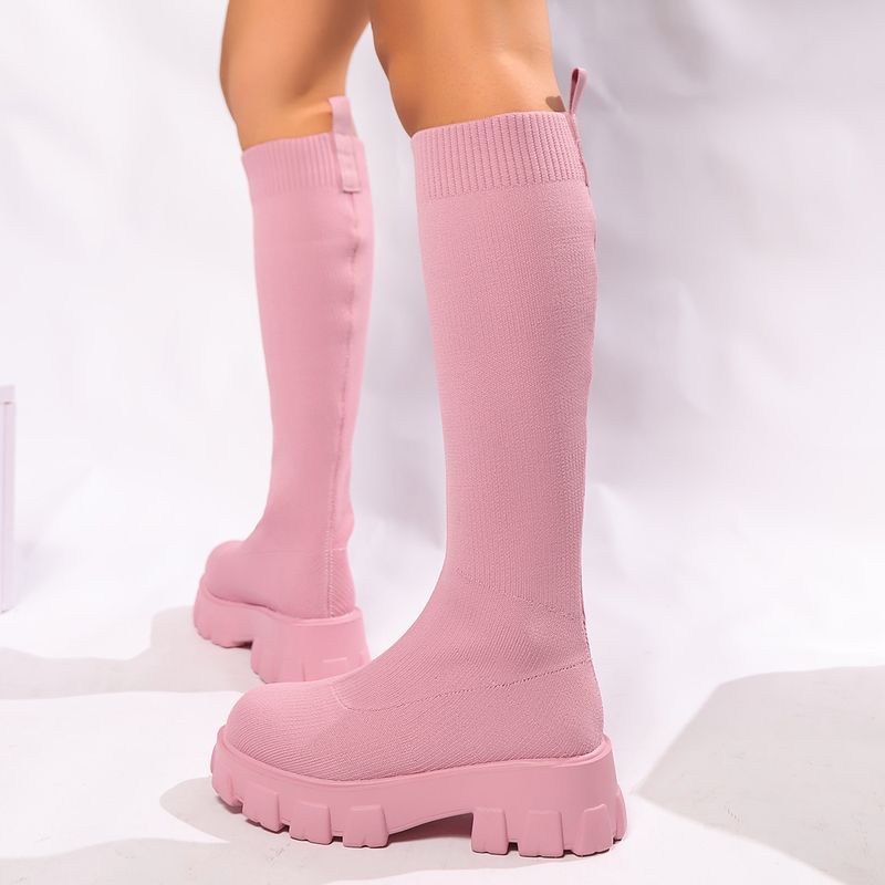 Fly knitting socks boots women's new autumn and winter large size thick soled solid color round head long skinny boots_voghion.com