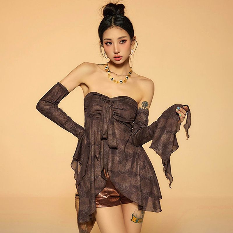 Q24TP114 American Fashion Irregular Mesh Print Design with Detachable Sleeves, Bra Top, Women's Summer New Style_voghion.com