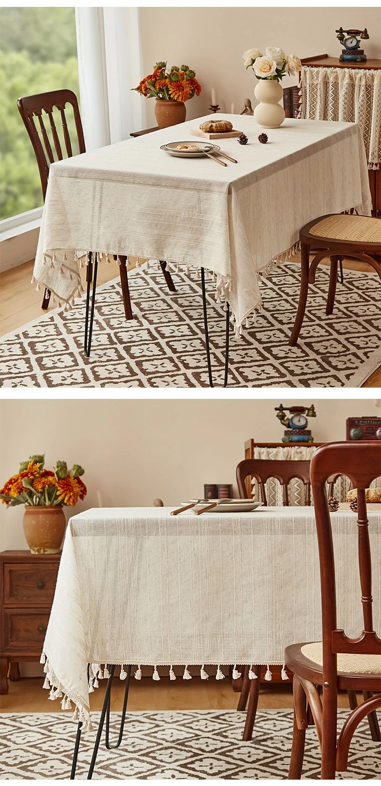 Gestreifte Leinentischdecke – Minimalistische Volltonfarbe mit Quasten für Esstisch- und Couchtischdekoration_voghion.com