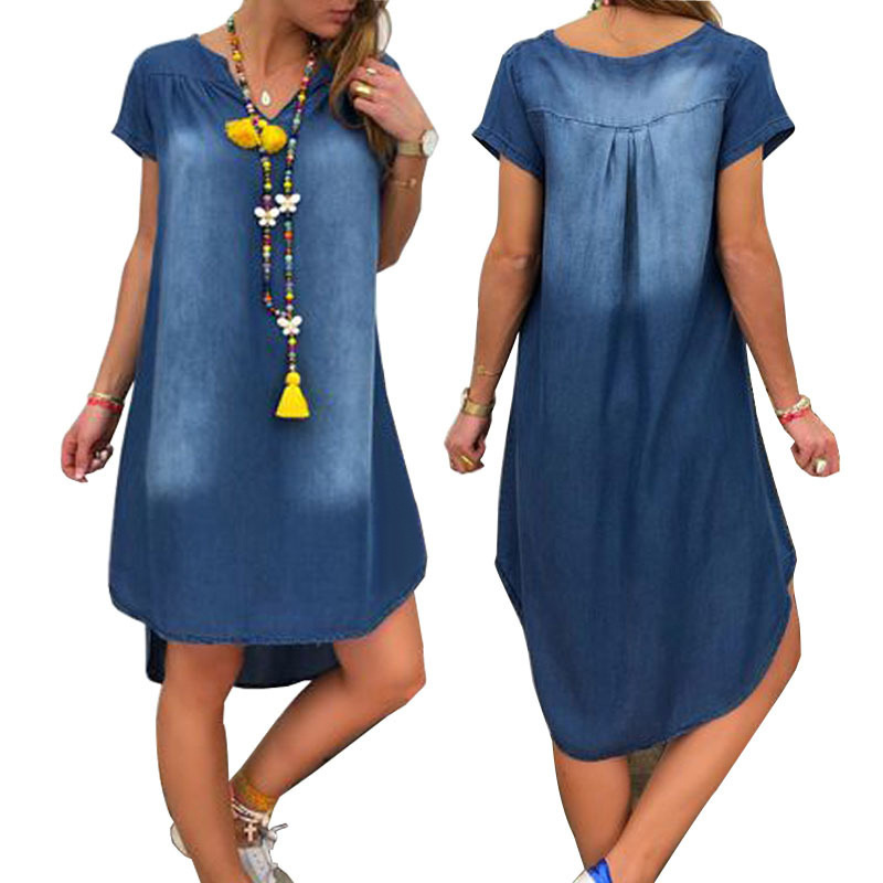 Lässiges, einfarbiges, kurzärmeliges Jeanskleid mit V-Ausschnitt für Damen_voghion.com
