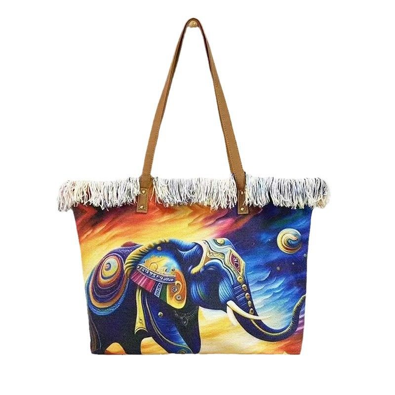 Nowa torba plażowa na ramię z zamkiem błyskawicznym i dużą pojemnością, z frędzlami_voghion.com