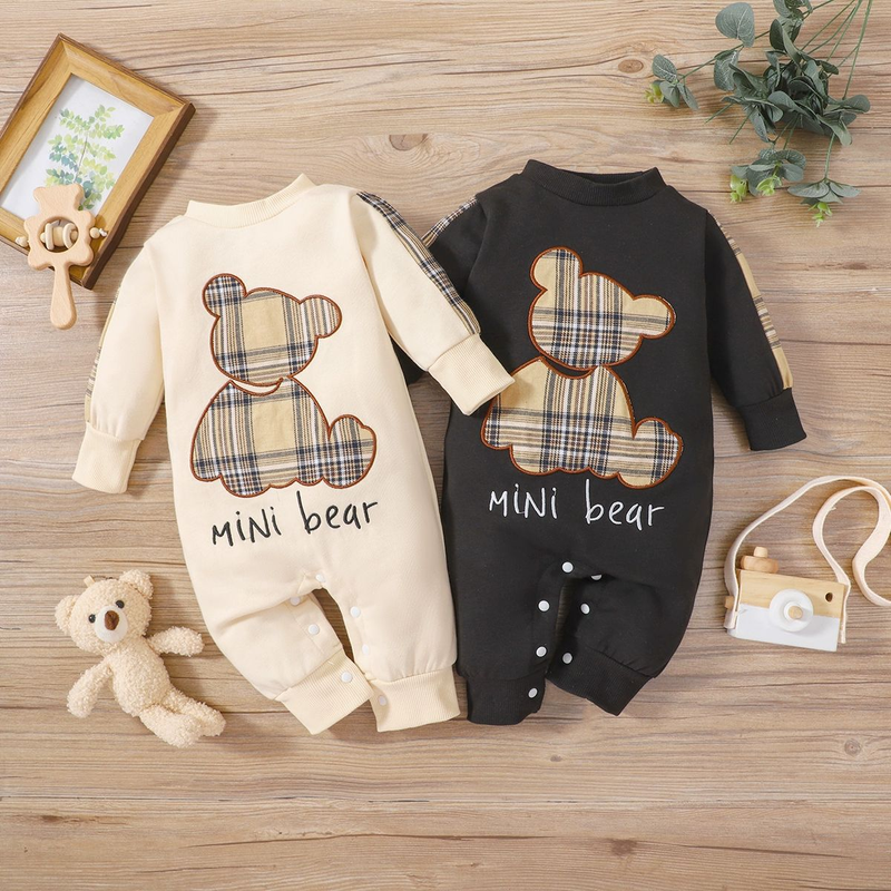 Babykleding voor babyjongens Lente- en herfst- en gingham-patch beer, eendelig kruippakje met lange mouwen en open dossier_voghion.com