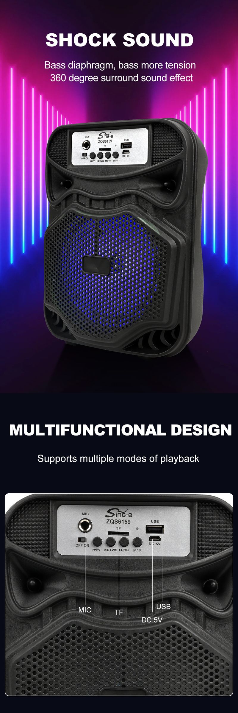 ZQS6159 Bluetooth-tie-tanko 6 tuuman äänijohdollinen mikrofoni karaoke-neliötanssipuhe ulkokaiutin_voghion.com