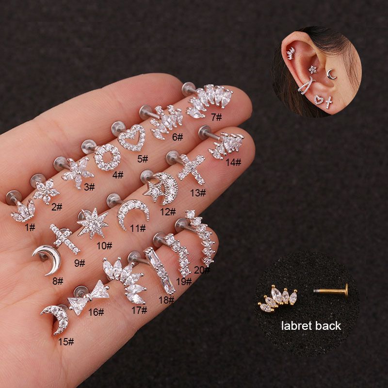 Alla moda 16g zircone e Fiat perforato squisito orecchino di capra, conchiglie a spirale di cartilagine, garofano forato_voghion.com