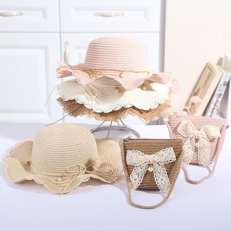 Moda Ragazze Paglia Turismo Fiore Bambini Cappello da Sole e Borsa Set Bambino Esterno Tesa Larga Cappelli da Pescatore per Bambini_voghion.com