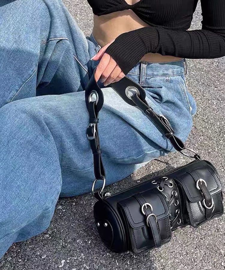 Bolsos cilíndricos negros Vintage para mujer, diseño de dos bolsillos, bolso de hombro para mujer, bolso de cuero PU a la moda_voghion.com