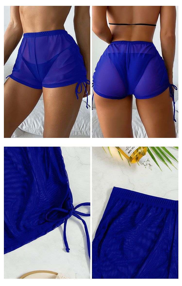 New European And American Sexy Solid Color Swimsuit Women's Four Corner Transparent Mesh Drawstring Beach Swimming Trunks Bikini Shorts_voghion.com