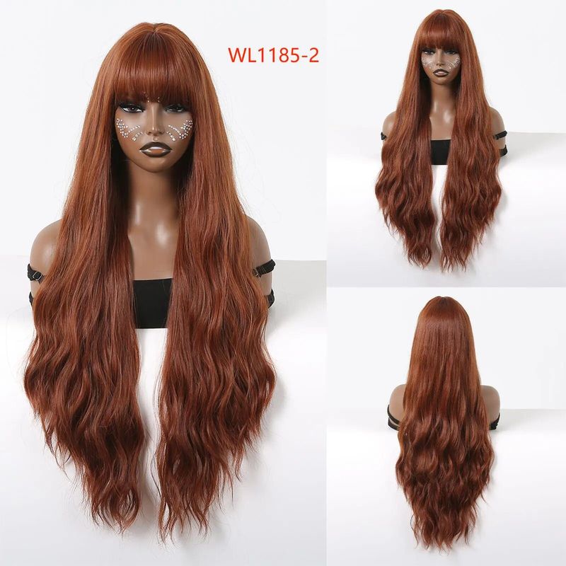 Parrucche sintetiche nere naturali Parrucche lunghe ondulate con frangia Parrucca per capelli quotidiani Cosplay per donne Parrucche in fibra resistente al calore_voghion.com