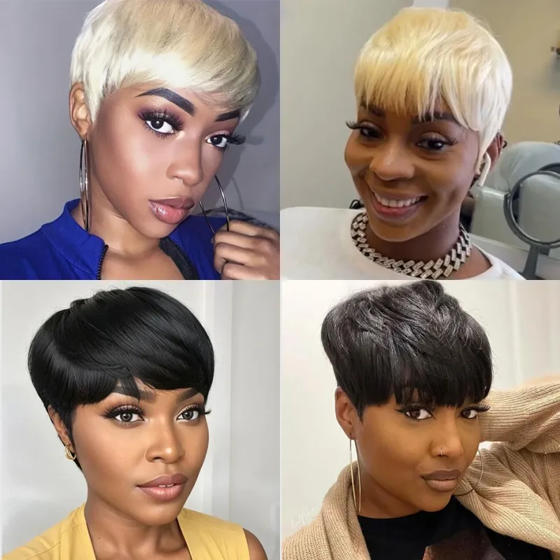 613 Blonde Pixie Cut Perukas Žmonių Plaukų Spalvoti Žalias Trumpas Bob Perukai su Kirpčiukais Pilna mašina Pagamintas Pigus Perukas be klijų juodoms moterims_voghion.com