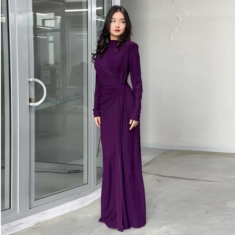 Women's Clothing Sexy Fashion Round Neck Pleated Waist Slim Fit Solid Color Temperament Dress_voghion.com