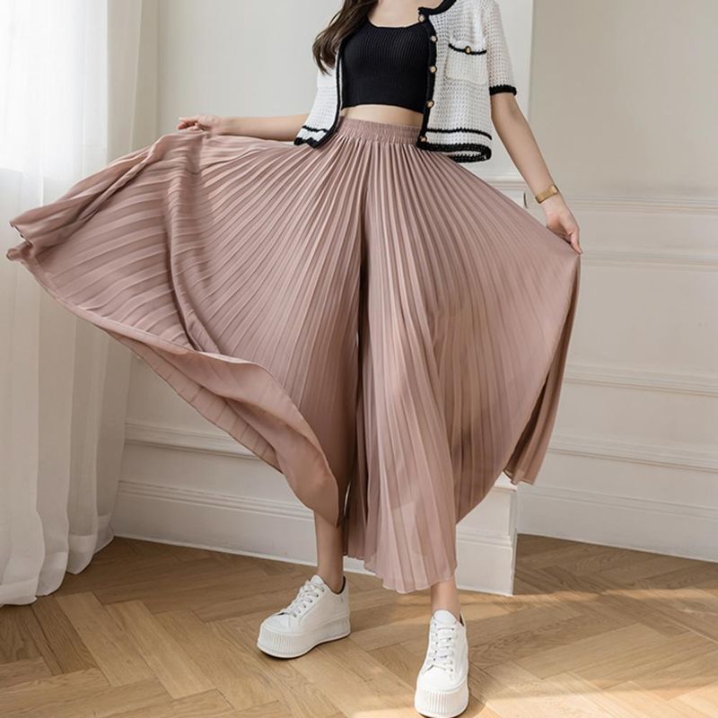 Vente chaude mode coréenne femmes jambe large plissée élastique taille haute en mousseline de soie pantalon été décontracté pantalon ample streetwear_voghion.com