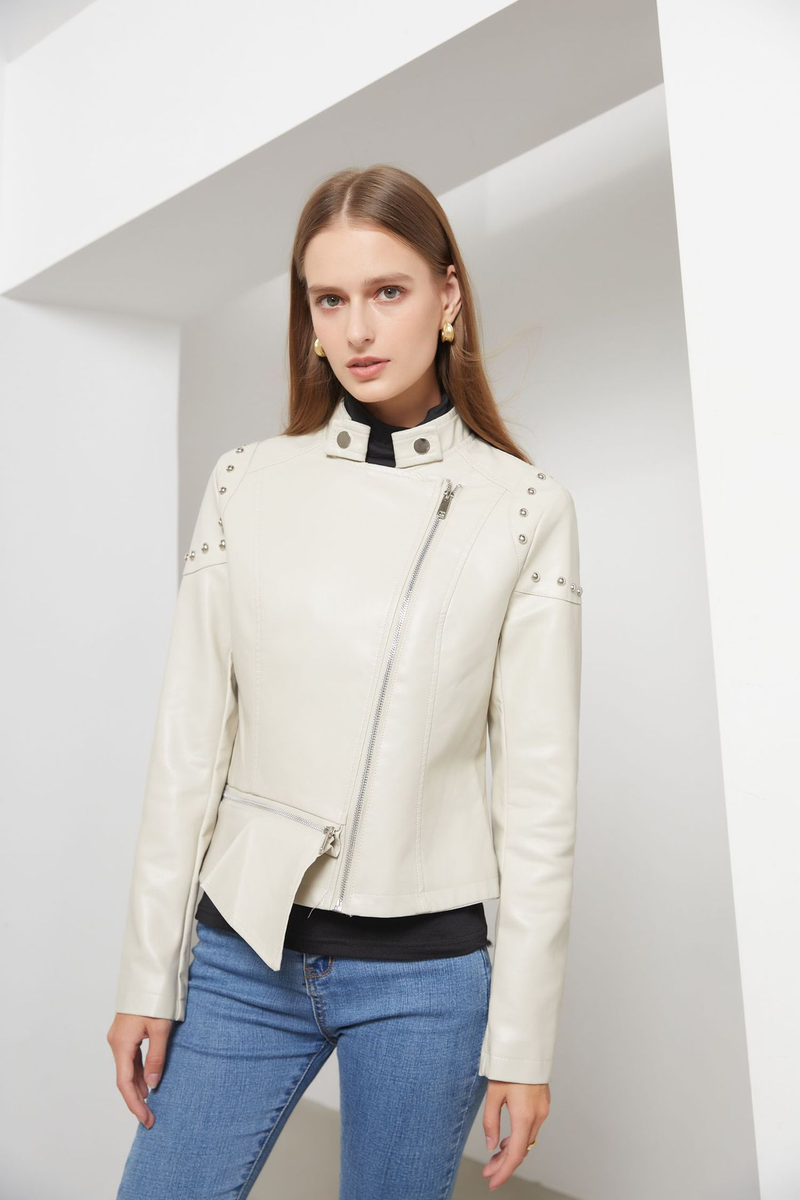 Giacca in pelle con rivetti da donna, nuova moda 2021, con colletto rialzato, tinta unita, primavera e autunno_voghion.com