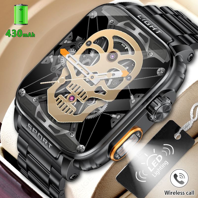 2025-ös divatos 430mAh-s nagy akkumulátoros ultra okosóra férfiaknak, 1,91 hüvelykes IP68 vízálló férfi órák LED-es erős zseblámpával_voghion.com