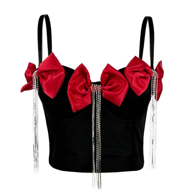 Corsetto a spina di pesce con fiocco grande e catena di diamanti, doppio strato pesante e nappa di strass squisita da donna_voghion.com