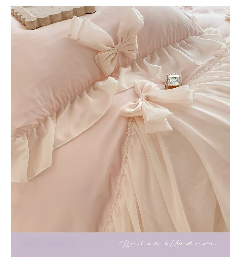Parure de lit en coton chaud, avec nœud en cœur, romantique français, quatre pièces, Style princesse, nouvelle collection 2023_voghion.com