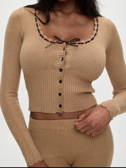 25 nuovi completi da donna primavera e autunno, stile Spicy Girl, con cardigan lavorato a maglia con lacci e volant + pantaloni svasati elasticizzati_voghion.com