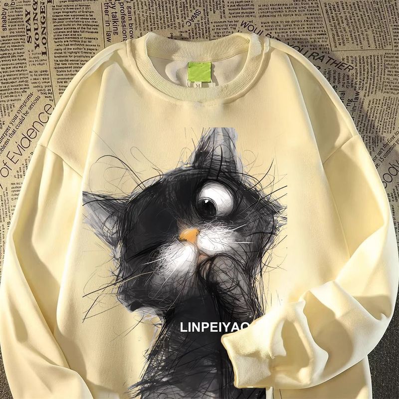 Felpa girocollo con stampa di gatti in stile americano, unisex, primavera/autunno, comoda e versatile, taglia 12_voghion.com