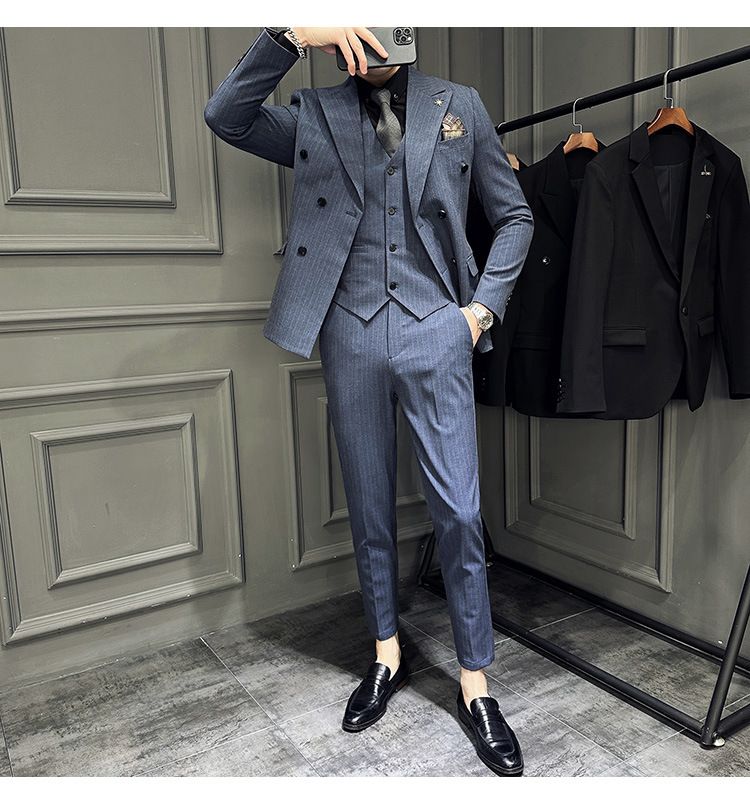 Britu stila moderns svītrains divrindu vīriešu līgavaiņa, līgavaiņa, kāzu kleitas, trīsdaļīga uzvalka komplekta tendence_voghion.com