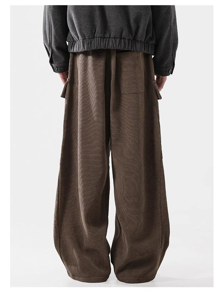 Corduroy Cargo Pants With Fleece Lining – High Waist, 65% Polyester, Drawstring Closure, Black/Khaki, S-XXL (Unisex Winter)_voghion.com