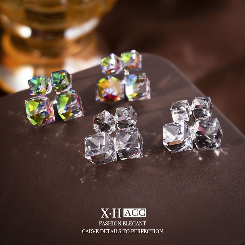 Orecchini a forma di cubo di zucchero in cristallo colorato con ago d'argento, geometrici, 3D, per donne, moda, alta qualità, senso di nicchia_voghion.com