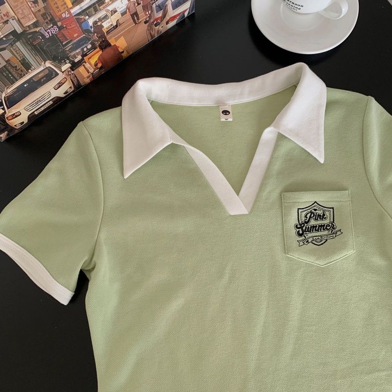 Ženska poletna majica s kontrastnimi rokavi in polo ovratnikom, ohlapna kroja, nišna in elegantna kratka majica_voghion.com