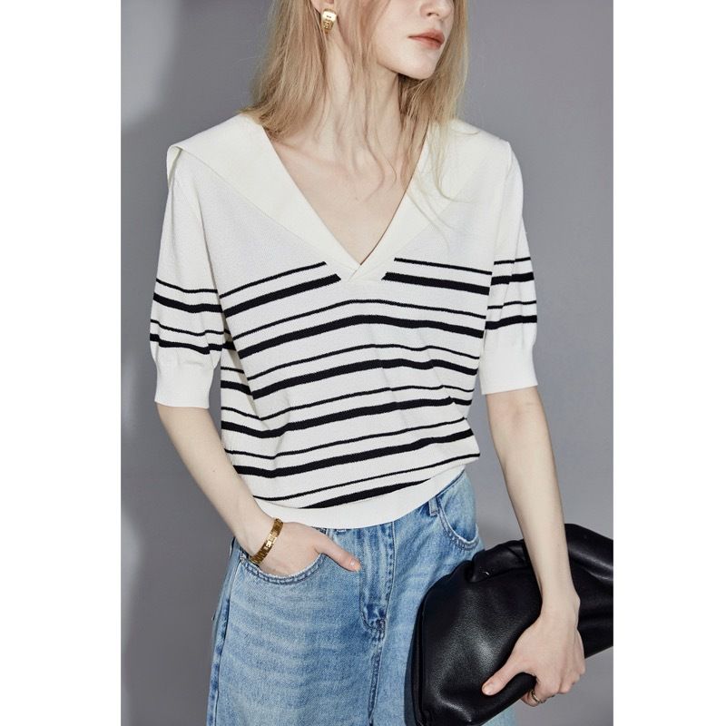 Chemise d'été classique à rayures noires et blanches en tricot fin, version coréenne, à la mode, polyvalente, décontractée, de style occidental_voghion.com