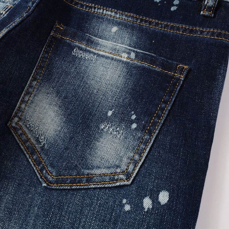 Men's Clothing Washed Old Cat Whisker Patch Hole Elastic Slim Fit Skinny Pants Ink Splash Jeans_voghion.com