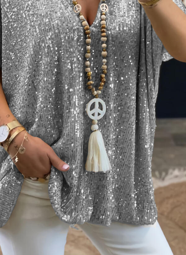 Summer Short Sleeve Urban Casual Solid Color Loose Pullover Sequin T-Shirt for Women_voghion.com
