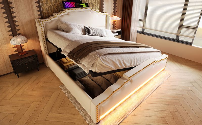 Lit double 140 x 200 cm avec coffre hydraulique, éclairage LED et port de charge USB-C, lit coffre avec sommier à lattes, velours beige, matelas inclus_voghion.com