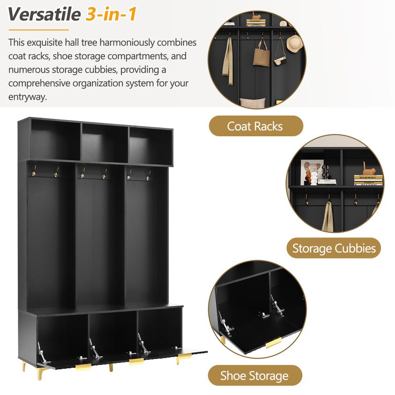 ON-TREND Modern Large Storage Hall Tree With Bench, Multi-functional Storage Bench With High Gloss Fluted Doors, Luxurious Coat Rack With 6 Gold Hooks And Legs For Entryway, Living Room, Black_voghion.com