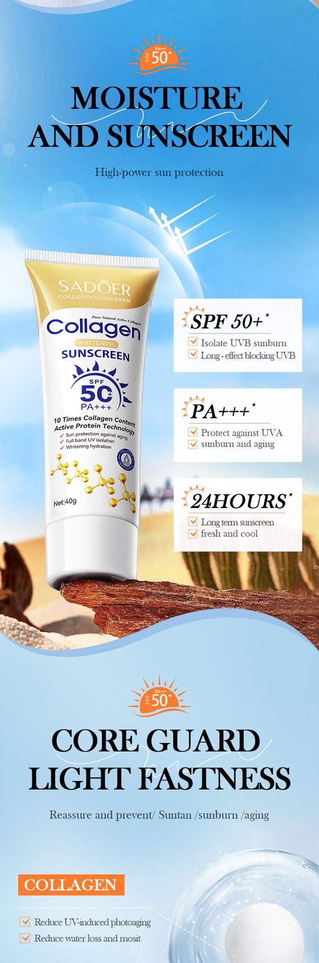 Crème solaire anti-rides au collagène SPF 50+ - Crème solaire hydratante visage et corps blanchissante et anti-UV_voghion.com