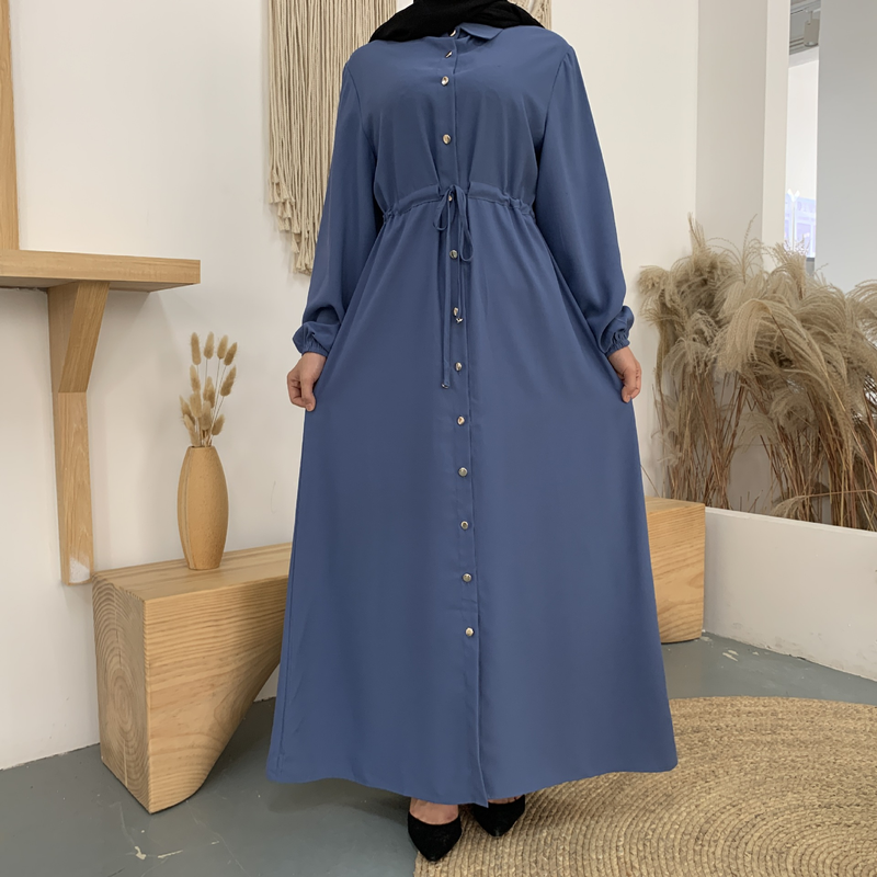 Roupas femininas nova moda muçulmana lapela cor sólida botão completo vestido fino saia longa_voghion.com