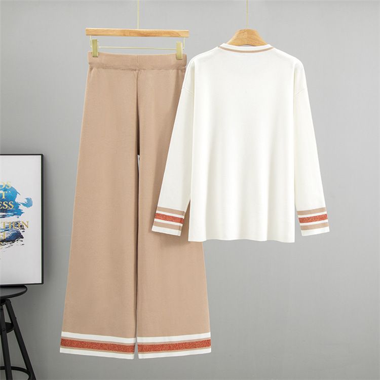 Ensemble en tricot imprimé léopard et strass pour femme : pull et pantalon surdimensionnés, deux pièces_voghion.com
