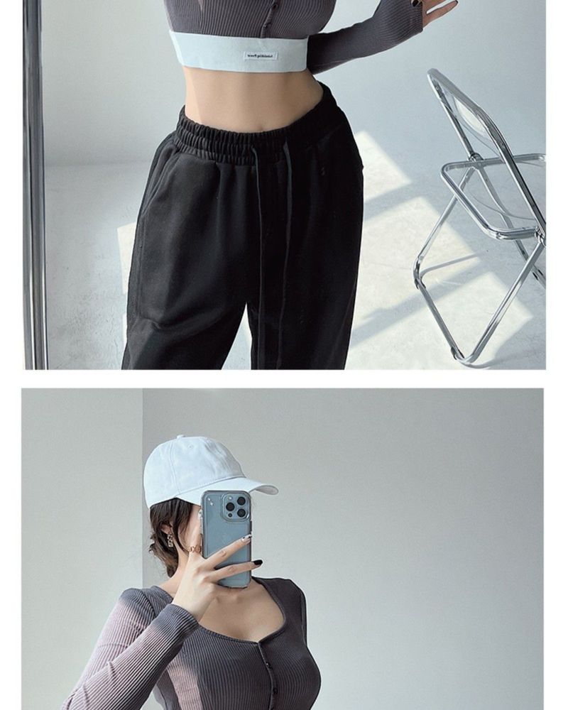 Maglietta sexy attillata e attillata a maniche lunghe per ragazze piccanti da donna, con etichetta monopetto, scollo quadrato e scollo a V._voghion.com