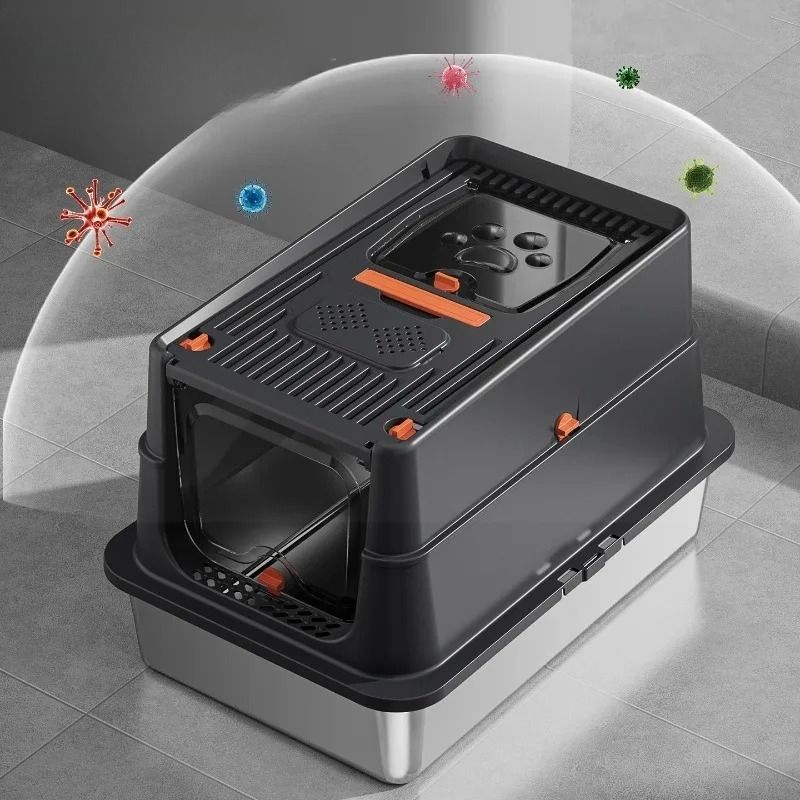 Lettiera per gatti extra large chiusa con base in acciaio inossidabile resistente, parte superiore rimovibile per un design semi-chiuso e recinzione alta_voghion.com