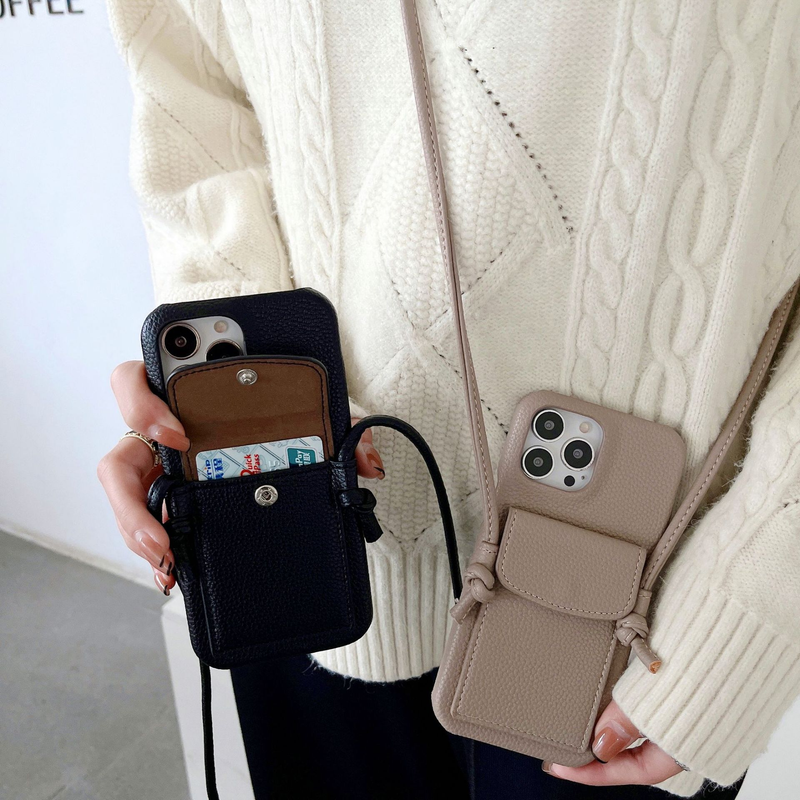 Mobile phone case iphone15 litchi pattern card holder crossbody phone case suitable for 14/13 internet celebrity elephant trunk phone case_voghion.com