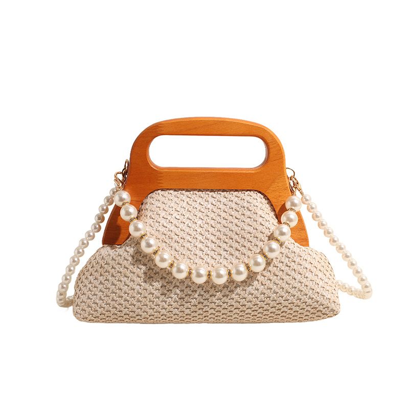Borsa a tracolla con catena di perle, versatile e di tendenza, con chiusura a mano, in paglia intrecciata, super popolare per l'estate, per le donne, 2024_voghion.com