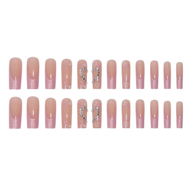 Long French Tip Glitter Heart Press-On Nails - Glamorous False Nails With Rhinestone Accents, Reusable & Easy To Apply (Glue/Sticker Options)_voghion.com