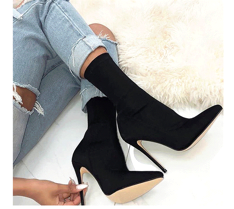 DEleventh European and American cross border women's shoes mid calf boots stretch fabric pointed toe stiletto high heels large size women's boots _voghion.com