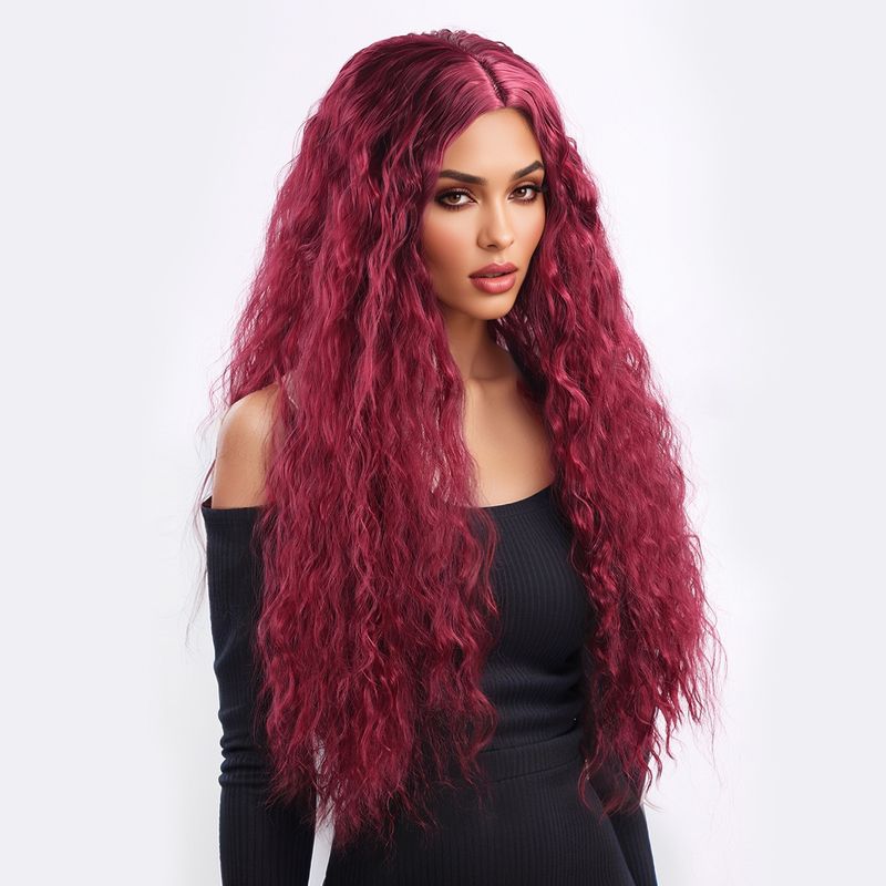 Parrucca con extension per capelli, nuova parrucca per donna, capelli neri ricci alla moda, ondulati, ricci di mais, riga centrale, frangia, copricapo completo._voghion.com
