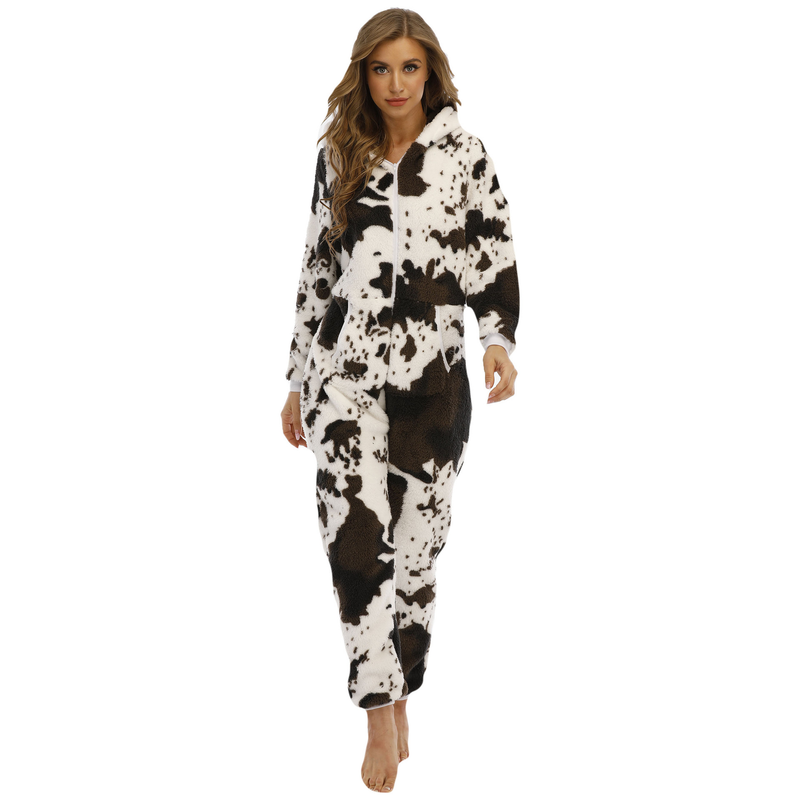 One piece drop shipping women's cow thickened double-sided velvet ear jumpsuit pajamas home clothes_voghion.com