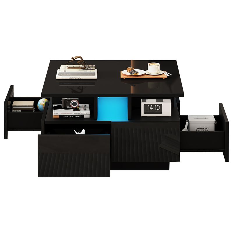 Table basse de salon noire brillante 70 x 70 x 40 cm avec éclairage LED, table d'appoint à 4 tiroirs, design géométrique, capacité de charge de 30 kg._voghion.com