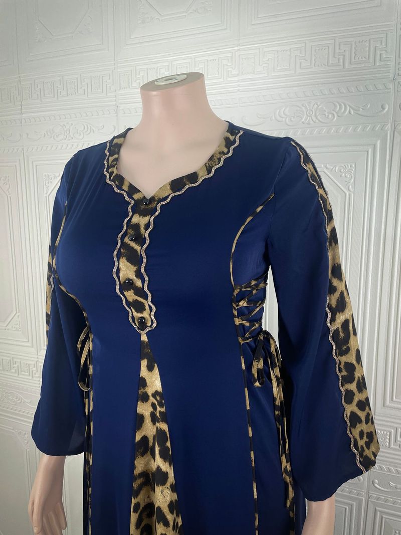 Elegante abito abaya musulmano da donna con finiture leopardate – Abito lungo a maniche lunghe e sobrio per donna, taglie forti 0XL-5XL_voghion.com