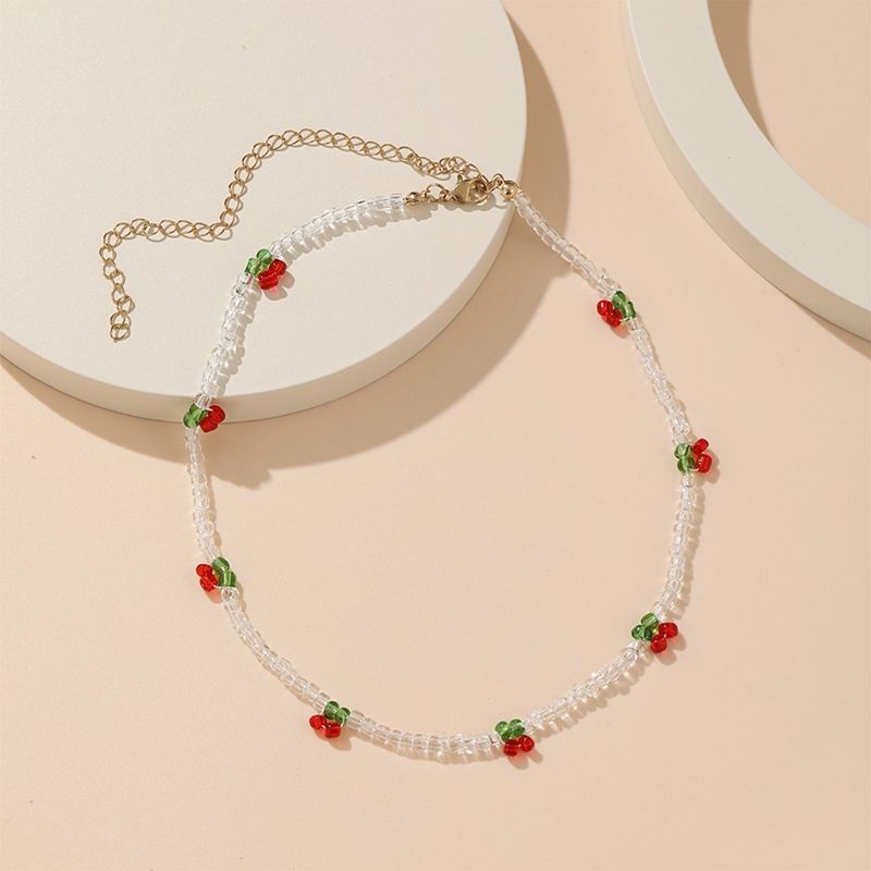 Moda Bohemya Boncuklu Kırmızı Kiraz Kolye Kadınlar İçin Sevimli El Yapımı Meyve Tohumu Boncuk Şeffaf Choker Kolyeler Boho Takı_voghion.com