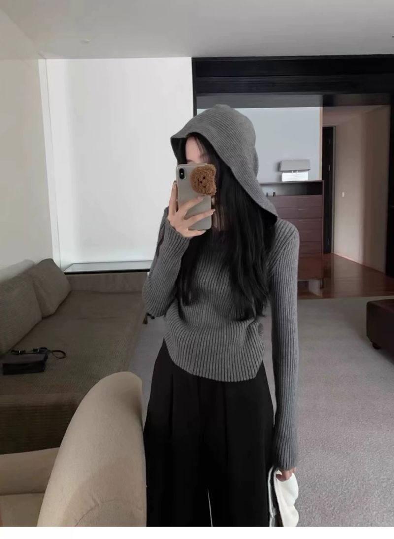 100 % Wolle, gestricktes Kapuzen-Sweatshirt für Damen, Oberbekleidungspullover, vielseitiges Slimming-Herbst-Winter-Neues Basishemd_voghion.com