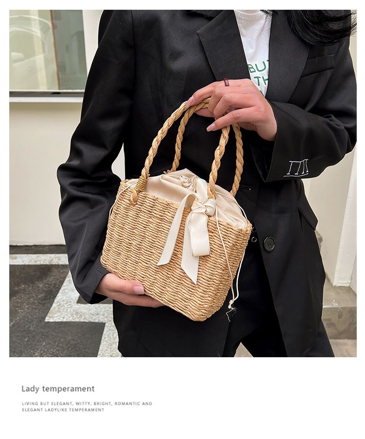 Women's Shoulder Bags Simple Hand-held Woven Bag, Handbag, Bow Tie Storage Basket, Woven Storage, Small Square Bag_voghion.com