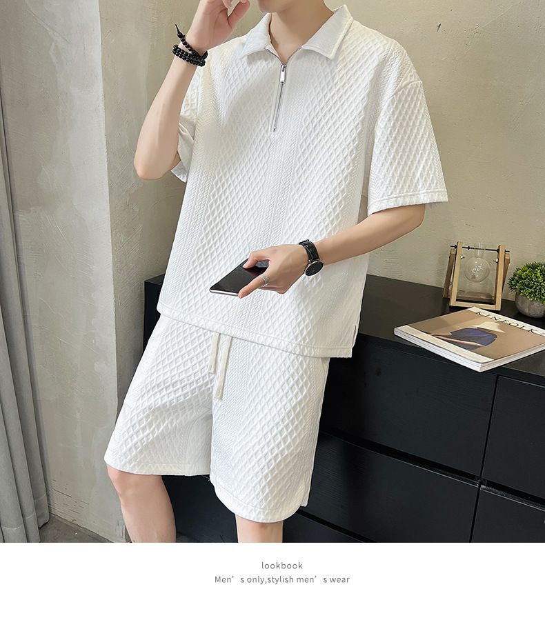 "Men's Ice Silk Sports Suit Light Luxury Polo Shirt With Half Zipper, Loose Fit Short Sleeve T-Shirt Set Casual Outfit For Gym_voghion.com