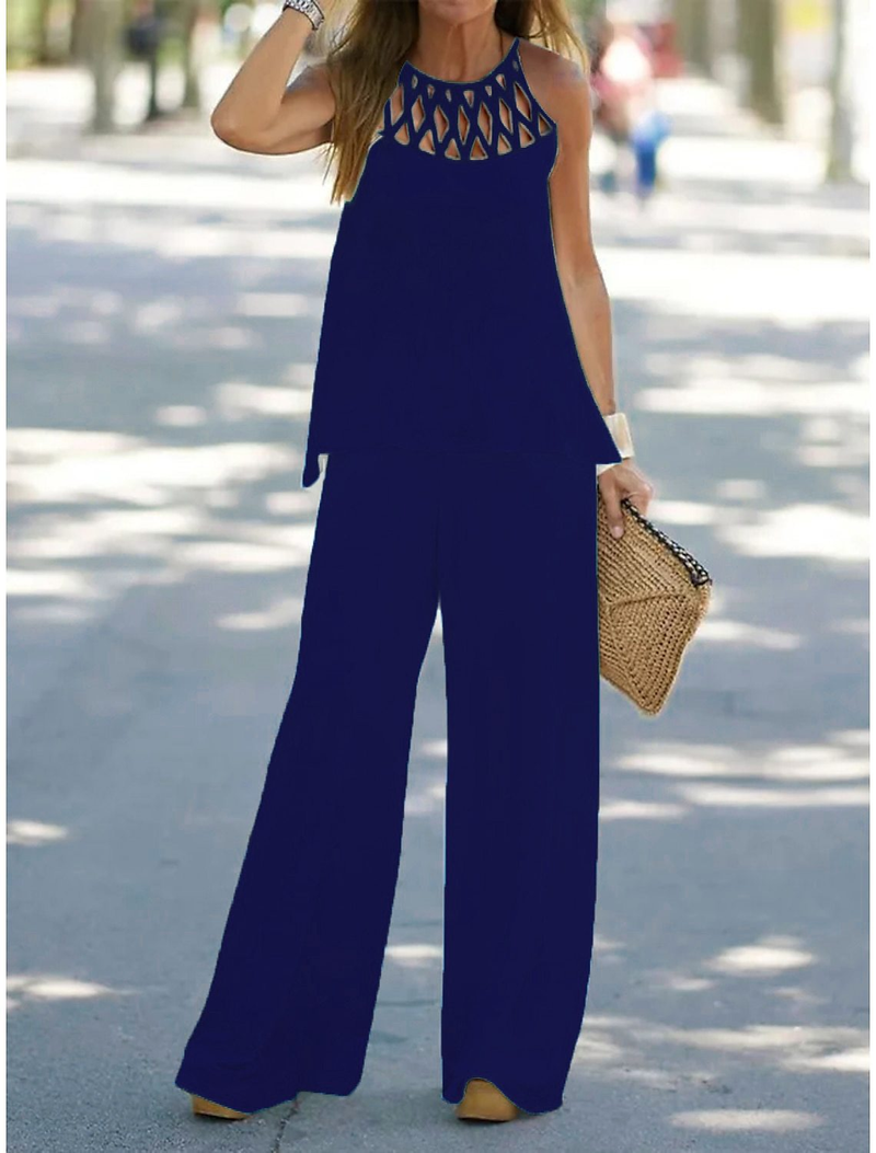 Women's casual fashion casual solid color mesh round neck sleeveless trousers two-piece set_voghion.com