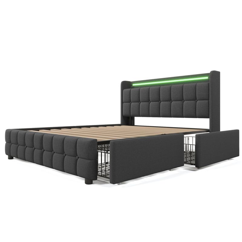 Lit plateforme rembourré gris avec ports de chargement USB, éclairage LED, 4 tiroirs de rangement et tête de lit. Cadre de lit double 160 x 200 cm avec lattes en bois (matelas non inclus)._voghion.com