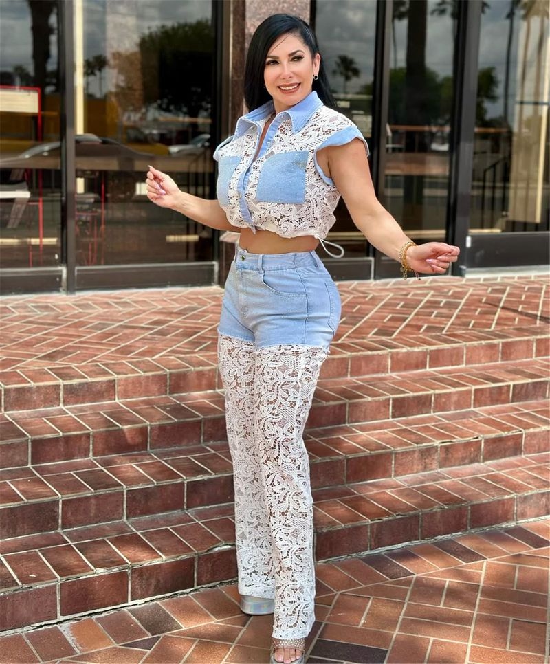 Summer Women's Denim & Lace 2-Piece Set – Cropped Sleeve Top & Straight-Leg Pants (S-XXL) | Trendy Streetwear With Rhinestone Details_voghion.com